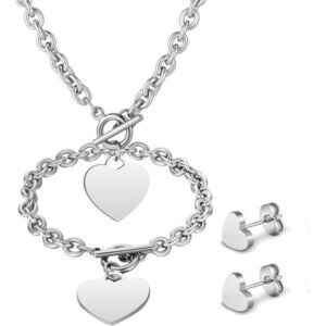 3 Pcs Heart Jewelry Set Heart Pendant Chain Toggle Necklace Stainless Steel